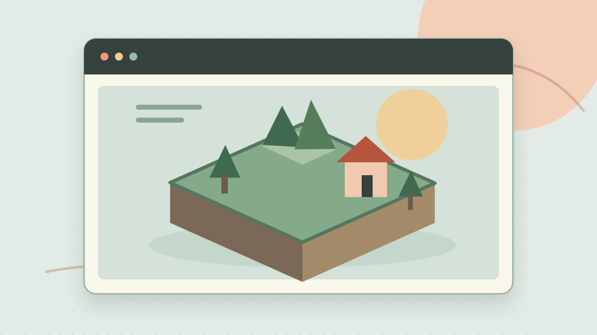 Illustrated low-poly island floating inside a browser window
