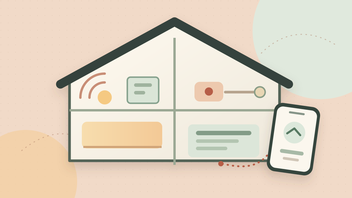 Illustration of a warm-lit home with connected switches and a phone dashboard