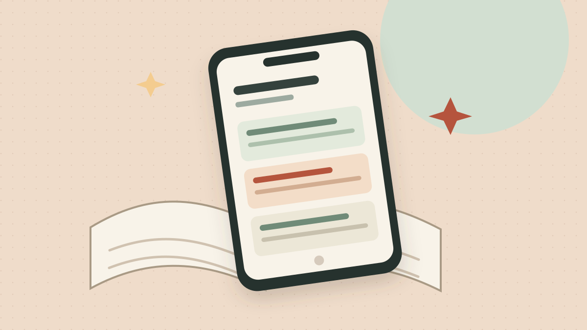 Illustrated phone holding short reading cards beside an open book