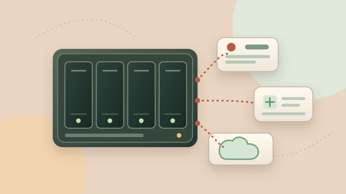 Illustration of a four-bay NAS connected to self-hosted services and a private cloud.